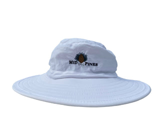 white bucket hat with Mid Pines logo